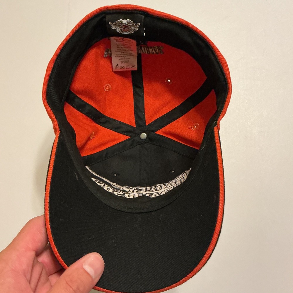 Harley Davidson Embroidered Biker Grunge Baseball Cap Hat Orange Black Mens L - Picture 6 of 7